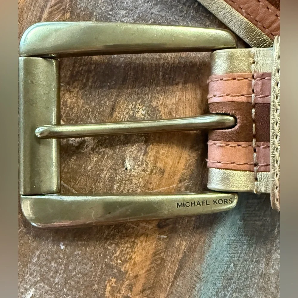 Michael Kors Wide Leather Runway Belt W Gold Brown Brass Buckle‎ EUC
